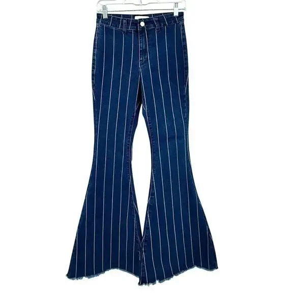 Petra 153 Jeans High Rise Striped Wide Bell Flare Boho Womens Size 7/27 Stretch - Picture 2 of 9